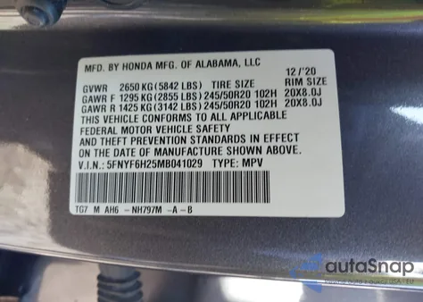 2021 Honda Pilot Awd Special Edition из США, поврежденный, VIN 5FNYF6H25MB041029